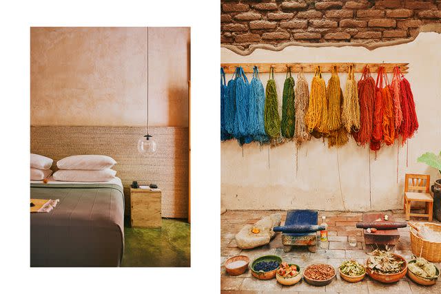 <p>Daniel Seung Lee</p> From left: Minimalist décor at the hotel Escondido Oaxaca; making natural dyes at Casa Don Taurino.