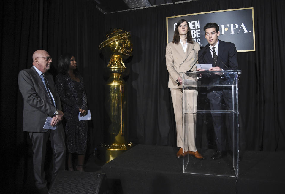 Hollywood Foreign Press Association President Lorenzo Soria, from left, Isan Elba, Dylan Brosnan, and Paris Brosnan attend the Hollywood Foreign Press Association and The Hollywood Reporter celebration of the 2020 award season and Golden Globe Ambassador reveal at Catch LA on Thursday, Nov. 14, 2019, in West Hollywood, Calif. (Photo by Dan Steinberg/Invision/AP)