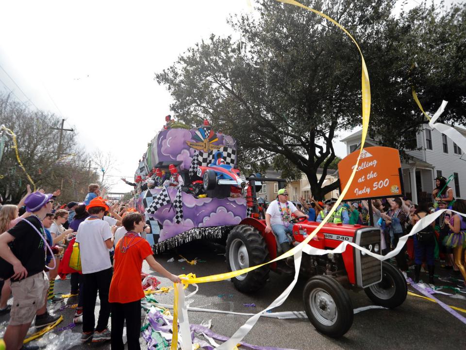 A float makes its way through the streets during the Krewe of Thoth Mardi Gras parade in New Orleans, Sunday, Feb. 11, 2018.