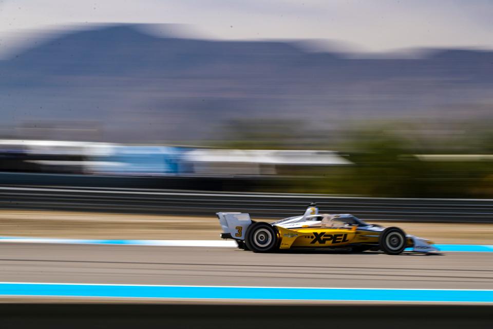 Scott McLaughlin of Team Penske approaches the braking zone of turn 14 during the first test session of the $1 Million Challenge at The Thermal Club in Thermal, Calif., Friday, March 22, 2024.