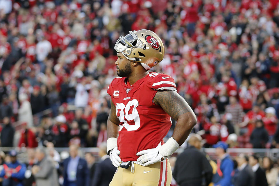 San Francisco 49ers defensive tackle DeForest Buckner (99) reacts during the second half of an NFL football game against the Atlanta Falcons in Santa Clara, Calif., Sunday, Dec. 15, 2019. (AP Photo/Josie Lepe)