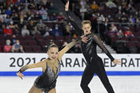 Aleksandra Boikova and Dmitrii Kozlovskii, of Russia, perform during the pairs short program at the Skate America figure skating event Friday, Oct. 22, 2021, in Las Vegas. (AP Photo/David Becker)