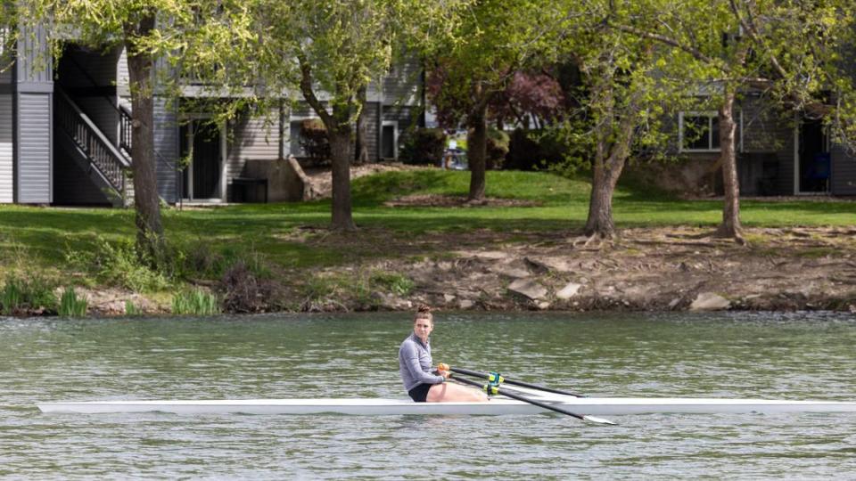 Timberline senior Cailin Bolt practices rowing in a 24-foot scull at Quinn’s Pond in Boise.