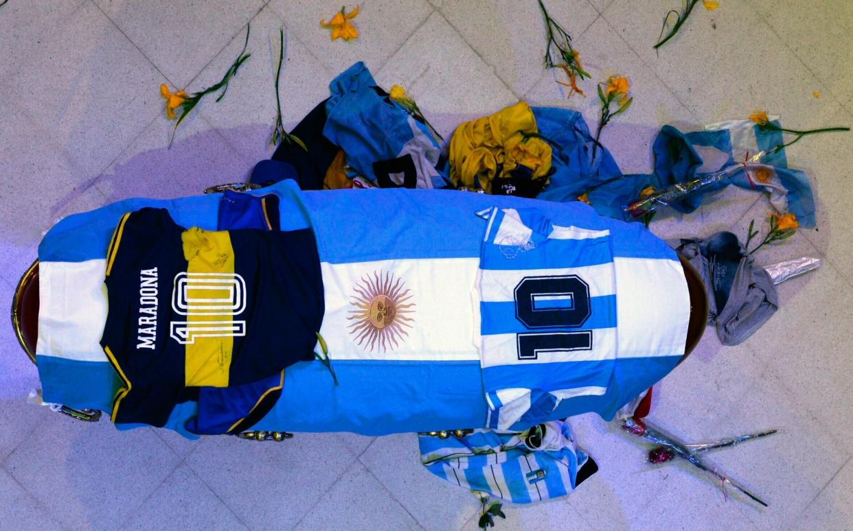 <p>Diego Maradona’s coffin </p> (AP)