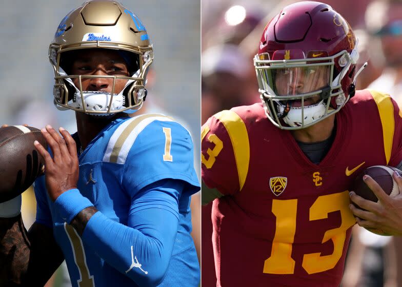 UCLA quarterback Dorian Thompson-Robinson, left, and USC quarterback Caleb Williams.