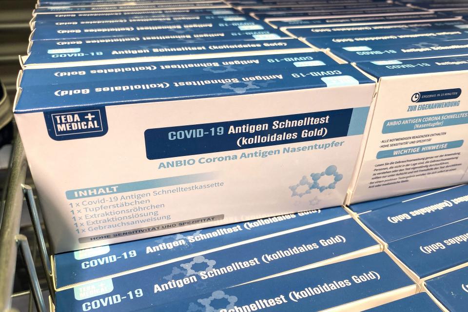 COVID-19 antigen rapid tests on sale at a drugstore in Berlin's Kreuzberg district on July 10, 2021 amid the ongoing coronavirus pandemic. (David Gannon/AFP/Getty Images/TNS)