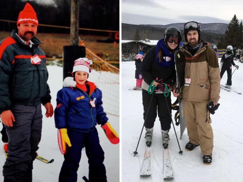 Side by side images of a man and child on a ski slope, and a woman on skis and a man holding a snowboard.