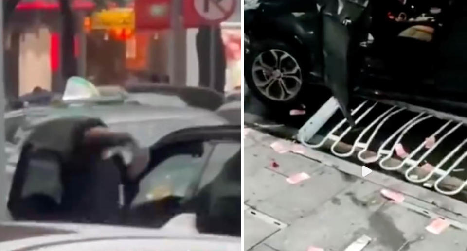 The driver was filmed throwing money into the air after exiting the damaged vehicle. Source: Weibo/ Vista