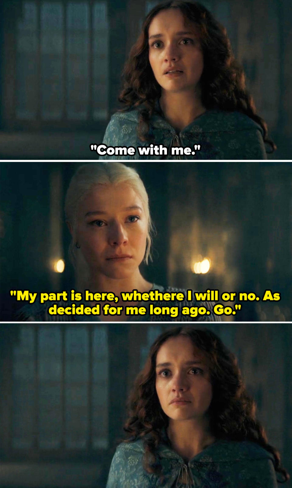 Alicent Hightower and Rhaenyra Targaryen from House of the Dragon have a tense conversation. Alicent appears worried, and Rhaenyra looks serious