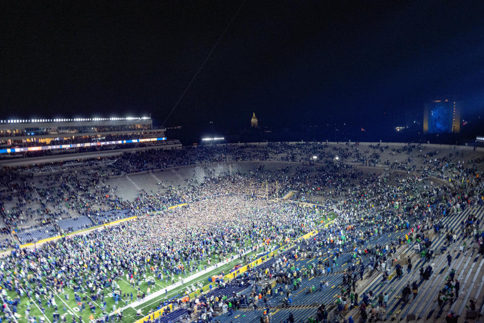 Nov 5, 2022; South Bend, Indiana, USA; A general view of Notre Dame Stadium after the Notre Dame Fighting Irish defeated the Clemson Tigers at Notre Dame Stadium. Mandatory Credit: Matt Cashore-USA TODAY Sports