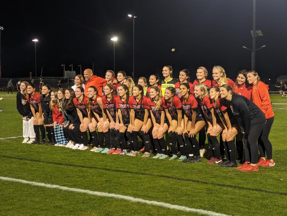 Creekside girls soccer celebrates after defeating Lake Mary in an FHSAA Region 1-7A semifinal on February 16, 2024. [Clayton Freeman/Florida Times-Union]