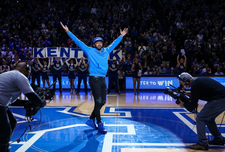 Former UK player John Wall makes a special appearance to be the 'Y' of Kentucky during a timeout in the game against Florida. Feb. 22, 2020