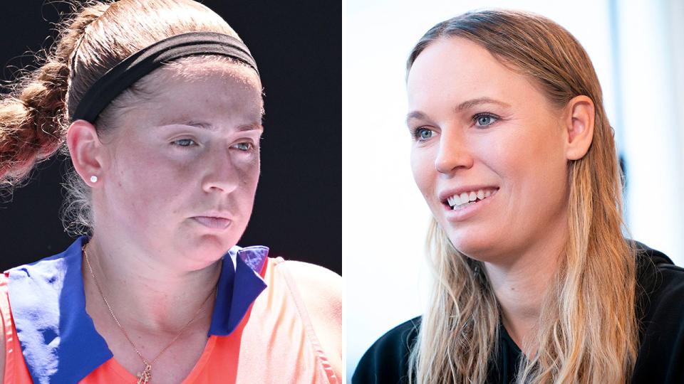 Pictured right is Caroline Wozniacki and Latvian tennis player Jelena Ostapenko on the left.