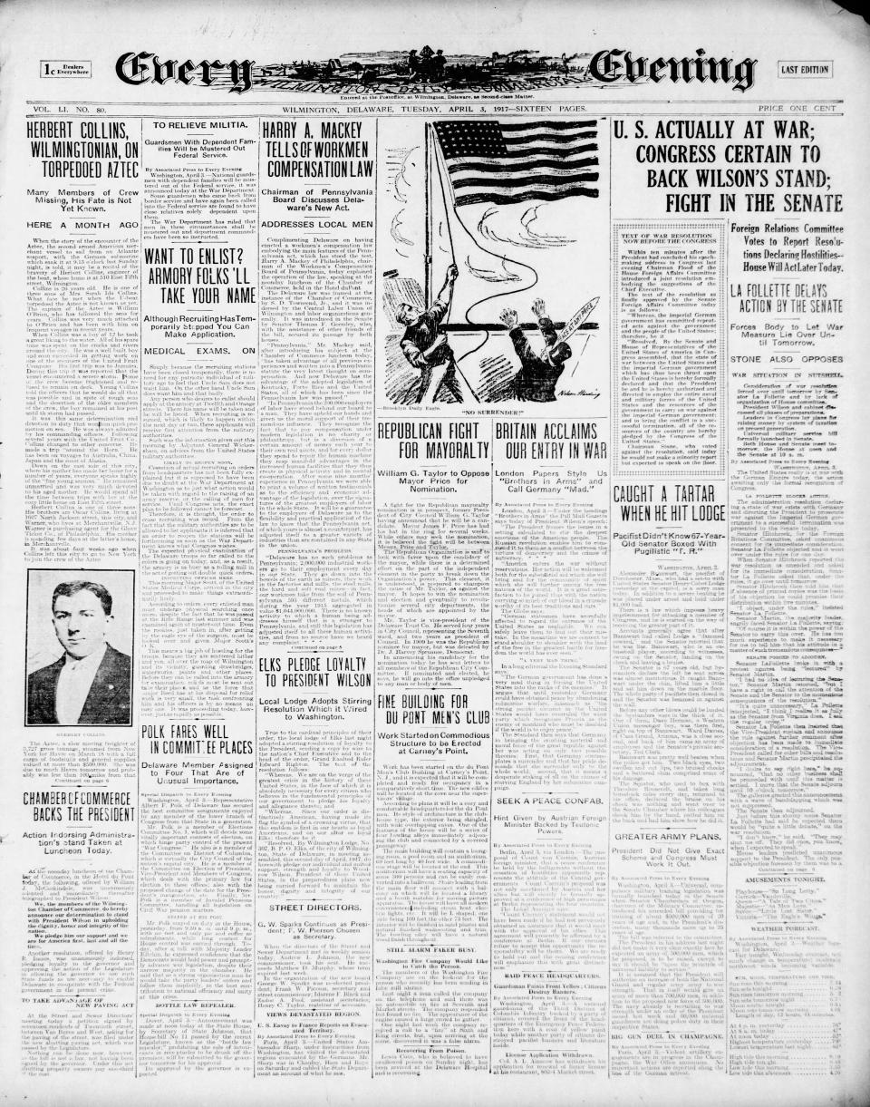 Front page of the Every Evening from April 3, 1917.