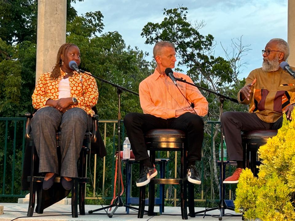 From left, director Nataki Garrett, producer Tom Kirdahy and retired attorney David G. Wilkins, president of the Manasota chapter of the Association for the Study of African-American Life and History, speaking at Hermitage Artist Retreat program at Historic Spanish Point on Nov. 30.