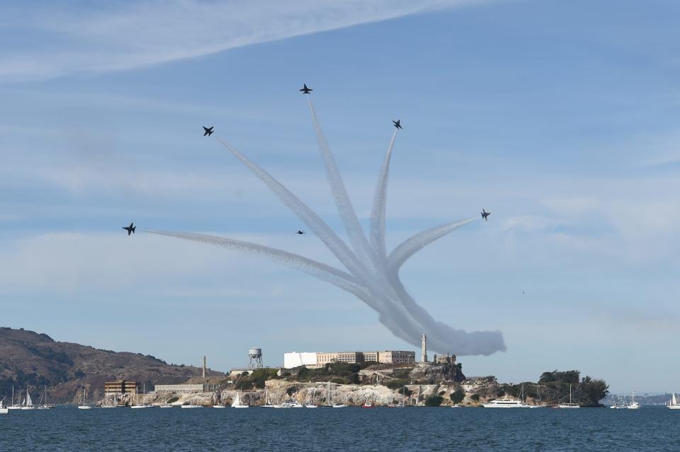 Navy Flight Demonstration Squadron, the Blue Angels, perform a Delta Break Out over Alcatraz Island at the We Are Fleet Week San Francisco Air Show, October 7, 2016. The Blue Angels are scheduled to perform 56 demonstrations at 29 locations across the U.S. in 2016, which was the team's 70th anniversary year.