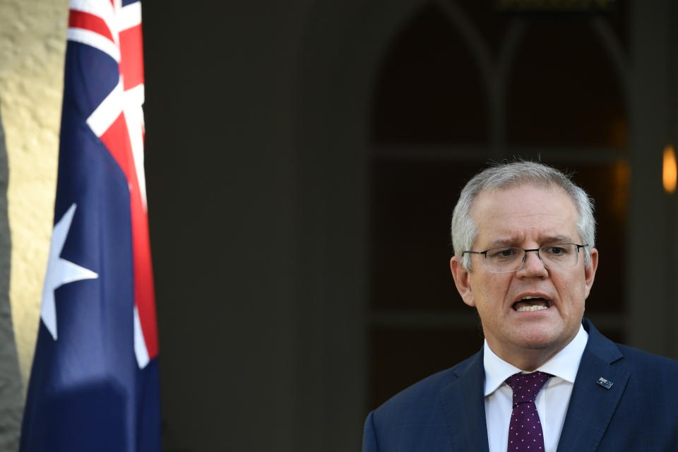 Prime Minister Scott Morrison speaks during a press conference at Kirribilli House on July 15, 2021 in Sydney, Australia.