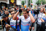 Peter Sagan of Slovakia is seen in the finish area after winning Men Elite Road Race at the UCI 2017 Road World Championship, in Bergen, Norway. NTB SCANPIX/Cornelius Poppe via REUTERS