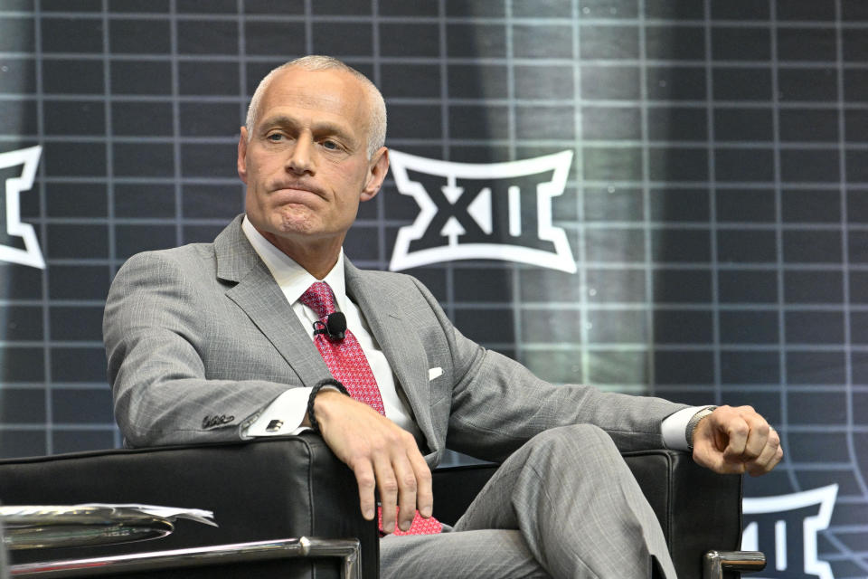 Jul 12, 2023; Arlington, TX, USA; texas Big 12 Commissioner Brett Yormark speaks to the press during Big 12 football media day at AT&T Stadium. Mandatory Credit: Jerome Miron-USA TODAY Sports