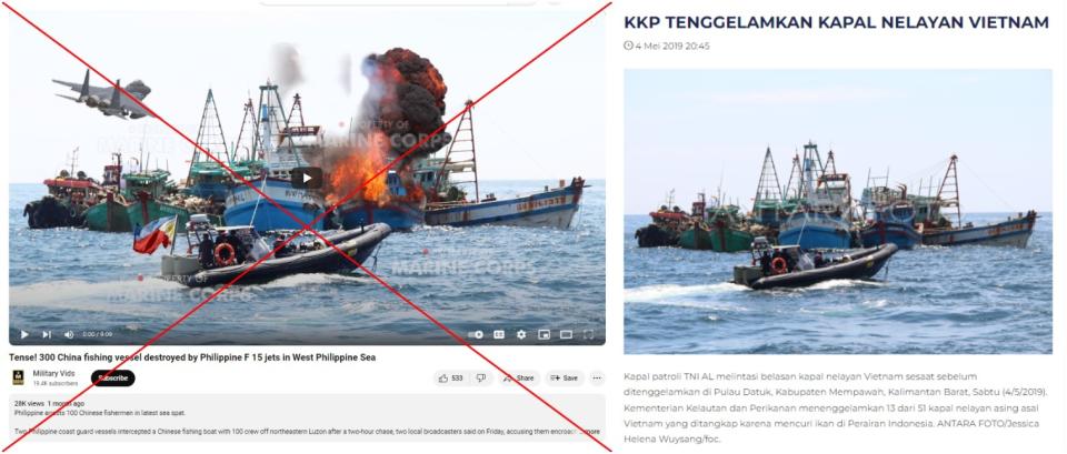 <span>Screenshot comparison of the doctored image of the boat on fire (left) and the original photo from Antara Foto (right) </span>