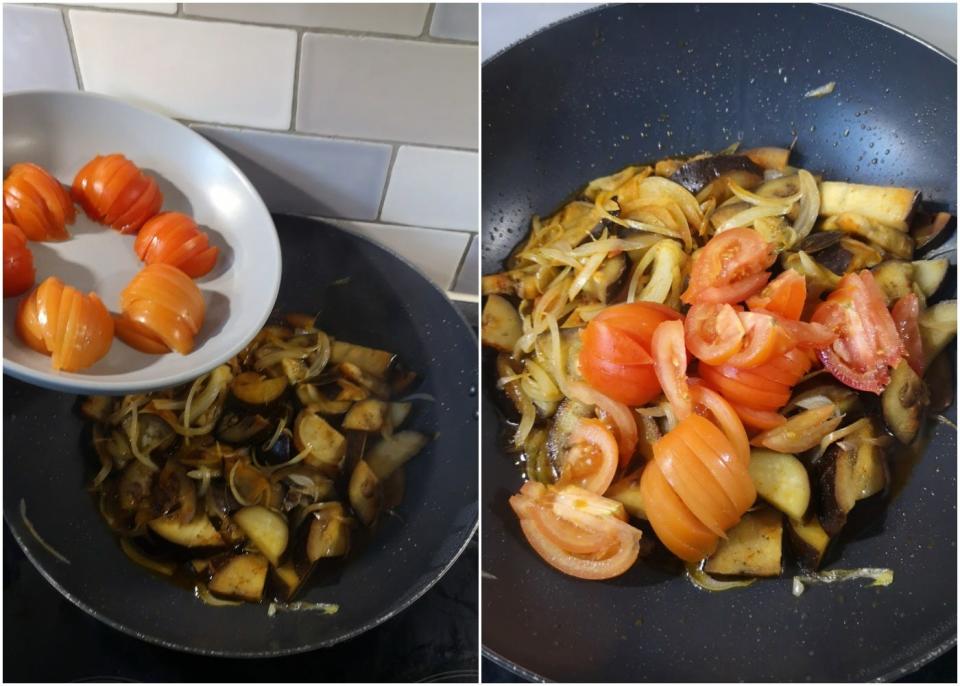 Tomatoes cooking in the baingan bharta curry mixture.