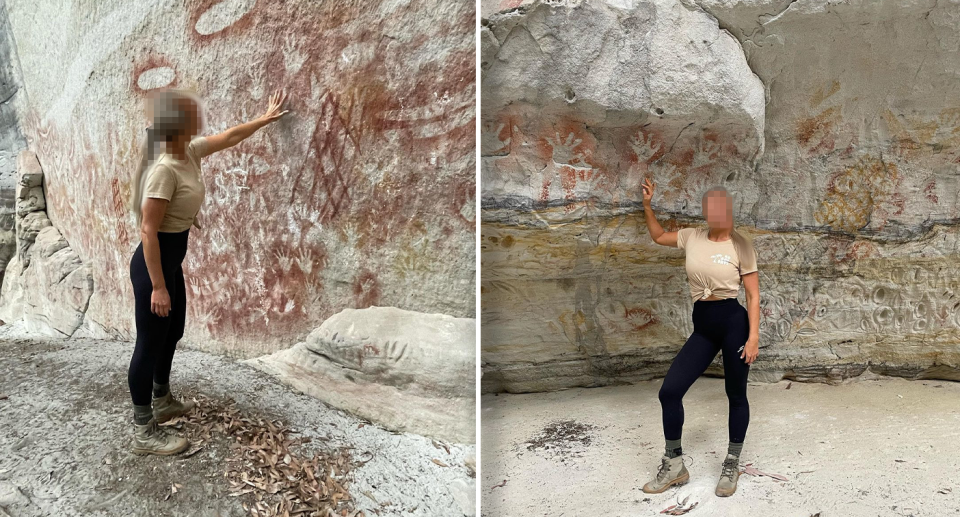 Two images of a woman posing in front of Indigenous rock art. She appears to be touching it.
