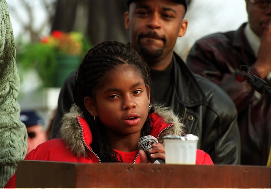 The 2000 Martin Luther King Jr. Marade, Denver Hydeia Broadbent, who was born HIV positive, (from Las Vegas, age 15) spoke to the crowd in City Park. Behind her is Michael Hancock. She was the Grand Marshall of the Marade. (Photo By Lyn Alweis/The Denver Post via Getty Images)