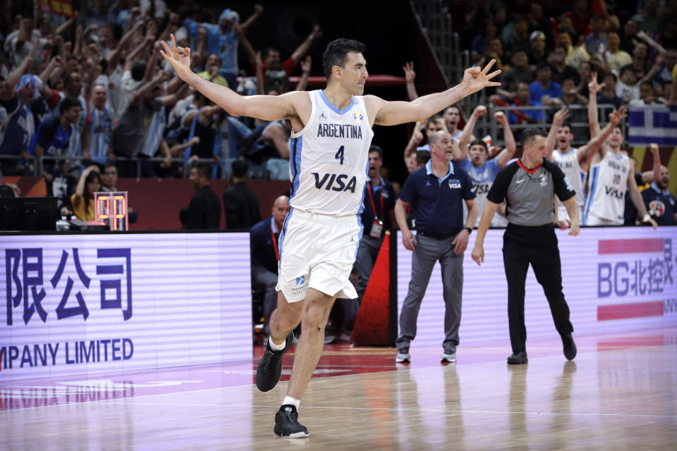 Luis Scola of Argentina celebrates during their semifinal match against France in the FIBA Basketball World Cup at the Cadillac Arena in Beijing, Friday, Sept. 13, 2019. (AP Photo/Mark Schiefelbein)