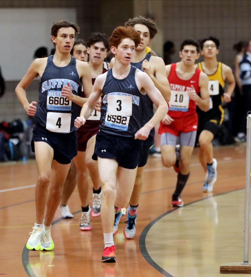 Ezra Koreen (3) from Suffern High School placed first in the boys 1000 meter during the Suffern Invitational Track and Field meet at Rockland Community College in Suffern, Jan. 13, 2023.