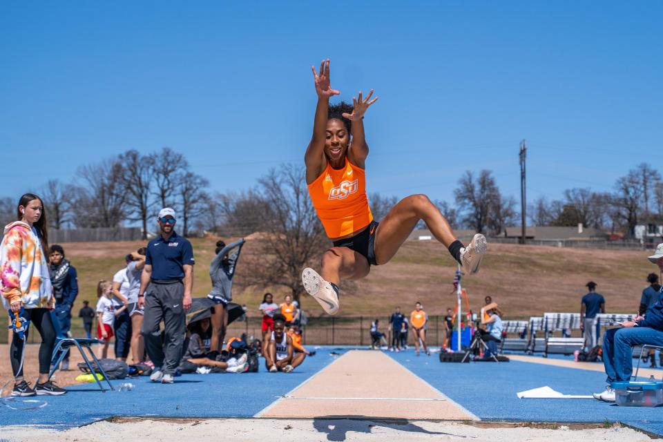 Oklahoma State long jumper Sanye Ford competes earlier this spring.