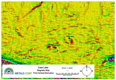 Figure 2. Magnetic map showing the first vertical derivative of Case Lake Property from data collected  in May 2023. (CNW Group/POWER METALS CORP)