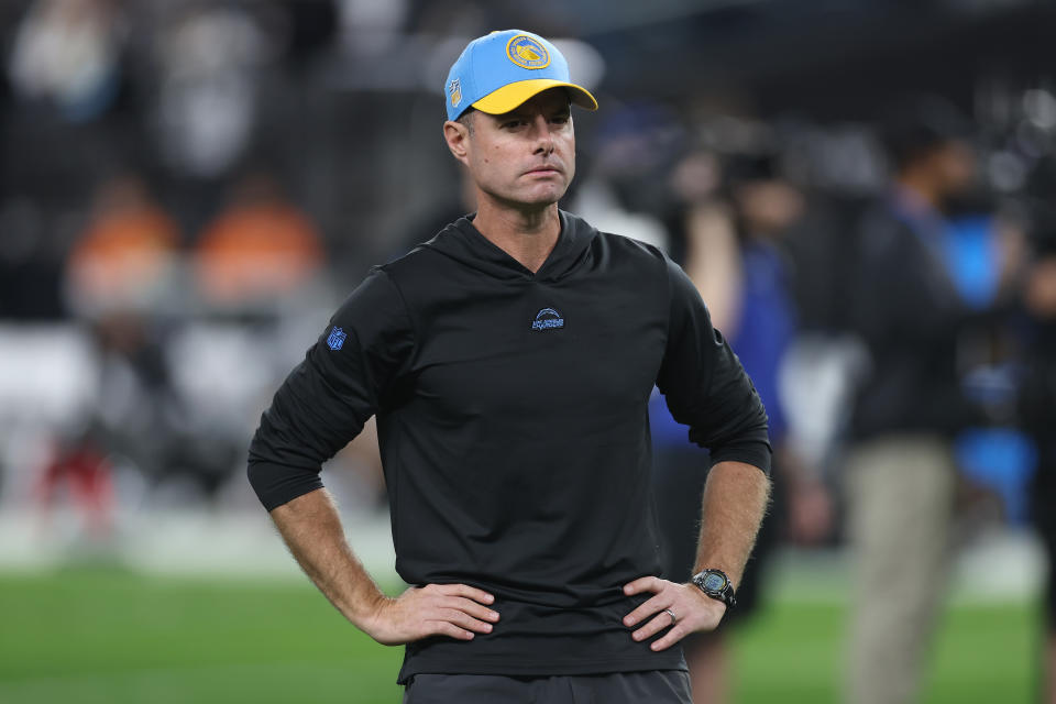 LAS VEGAS, NEVADA - DECEMBER 14: Head coach Brandon Staley of the Los Angeles Chargers looks on before playing against the Las Vegas Raiders at Allegiant Stadium on December 14, 2023 in Las Vegas, Nevada. (Photo by Sean M. Haffey/Getty Images)