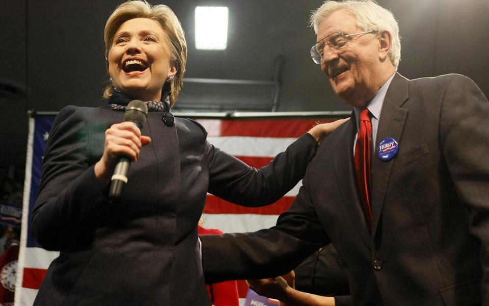 Hillary Clinton with former US vice president Walter Mondale during a campaign stop in 2008 - AFP