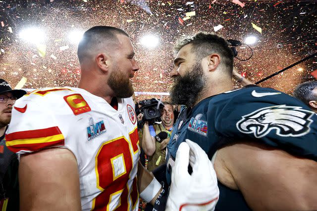 <p>John Angelillo/UPI/Shutterstock</p> Kansas City Chiefs tight end Travis Kelce (87) celebrates with brother Philadelphia Eagles center Jason Kelce (R) after winning Super Bowl LVII 38-35 at State Farm Stadium in Glendale, Arizona, on Sunday, February 12, 2023.