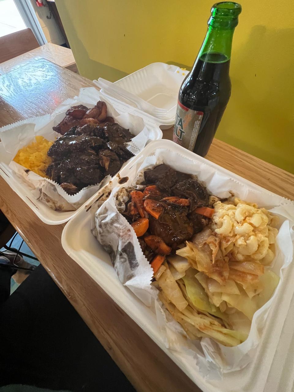 The jerk chicken and stewed oxtail at Jamaicaway, a restaurant located in the Nashville Farmer's Market.