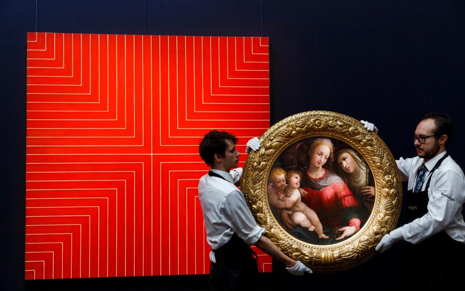 Stella's 1961 painting Delaware Crossing, with Domenico Beccafumi's Madonna and Child (c. 1542), in the run-up to a Sotheby's auction of the collection of A Alfred Taubman in 2015
