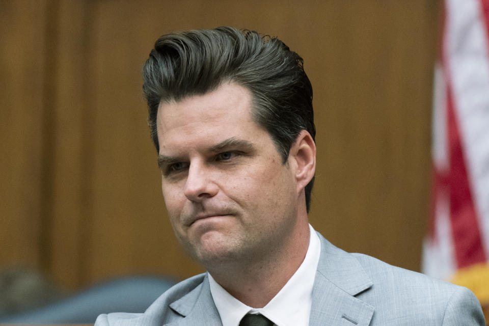 Rep. Matt Gaetz, R-Fla., questions witnesses during a House Armed Services Committee hearing on Capitol Hill, Wednesday, April 14, 2021, in Washington. (AP Photo/Manuel Balce Ceneta)