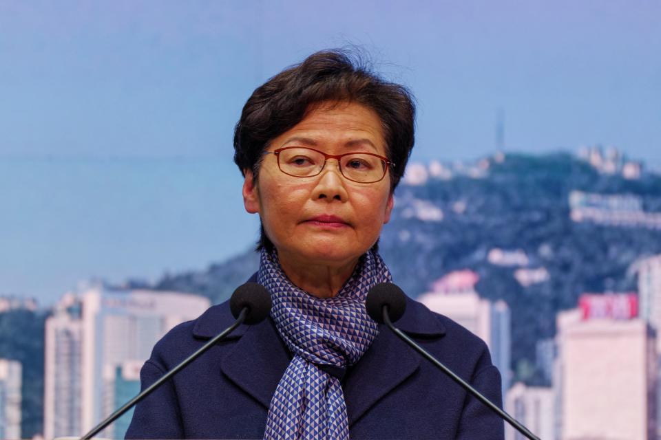 Hong Kong's Chief Executive Carrie Lam takes part in a press conference at the government headquarters in Hong Kong on February 18, 2022, where she announced the city would postpone picking a new leader until May and was preparing to test the entire population for Covid-19 as it struggles to tackle a wave of infections. (Photo by Daniel SUEN / AFP) (Photo by DANIEL SUEN/AFP via Getty Images)