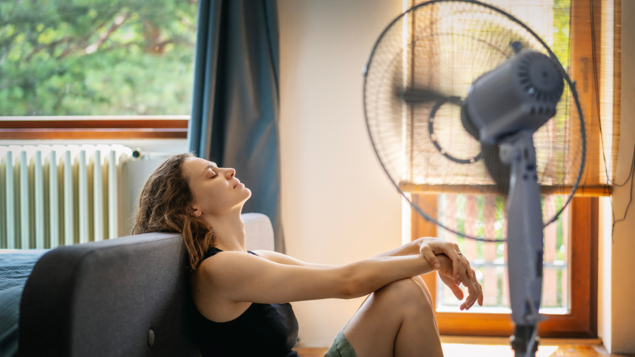 Woman sitting in front of pedestal fan