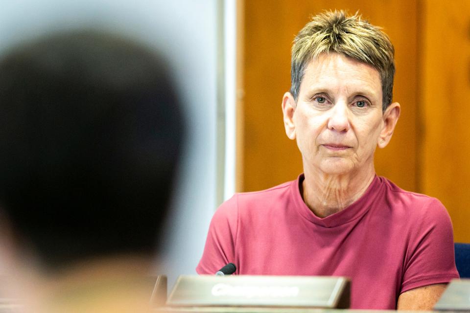 Johnson County Board of Supervisors chairperson Pat Heiden listens to person speak during a canvass of votes in the June 8 special election, Tuesday, June 15, 2021, at the Johnson County Administration Building in Iowa City, Iowa.