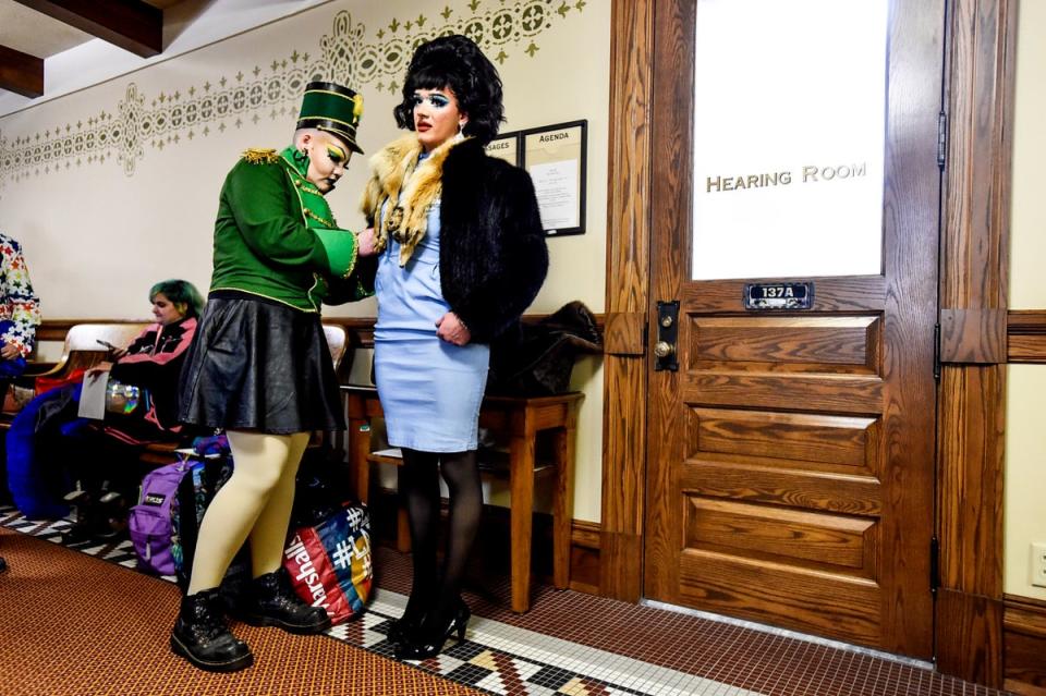 Drag performers prepared for a rally on 13 April inside Montana’s capitol to protest the state’s sweeping anti-drag law, among a barrage of legislation targeting LGBT+ people in the state. (Thom Bridge, Independent Record)