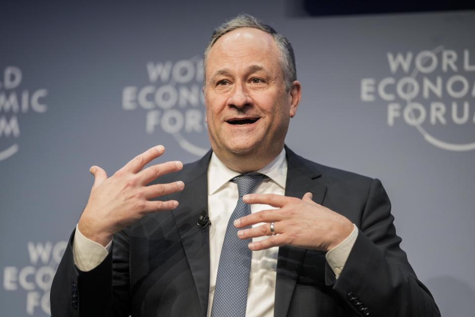 Douglas Emhoff, Second Gentleman of the US, participates in the "Addressing antisemitism" panel discussion during the annual meeting of the World Economic Forum in Davos, Switzerland, Thursday, Jan. 18, 2024. The annual meeting of the World Economic Forum is taking place in Davos from Jan. 15 until Jan. 19, 2024. (AP Photo/Markus Schreiber)