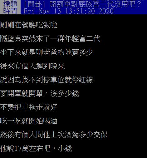 原PO問，開罰單對富二代沒用吧？（圖／翻攝自PTT）