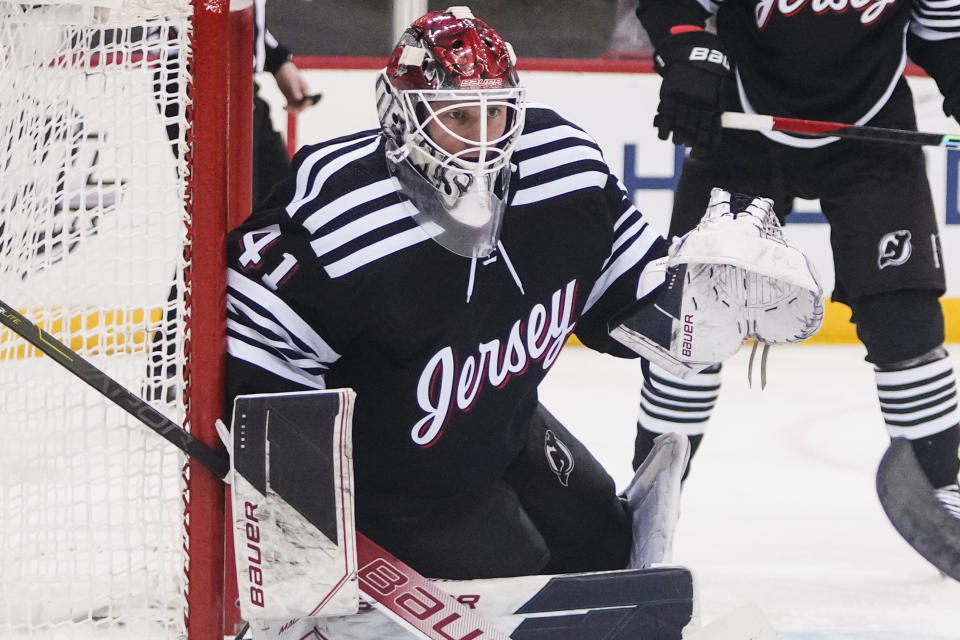 New Jersey Devils goaltender Vitek Vanecek (41) protects his net during the first period of an NHL hockey game against the Montreal Canadiens Tuesday, Feb. 21, 2023, in Newark, N.J. (AP Photo/Frank Franklin II)