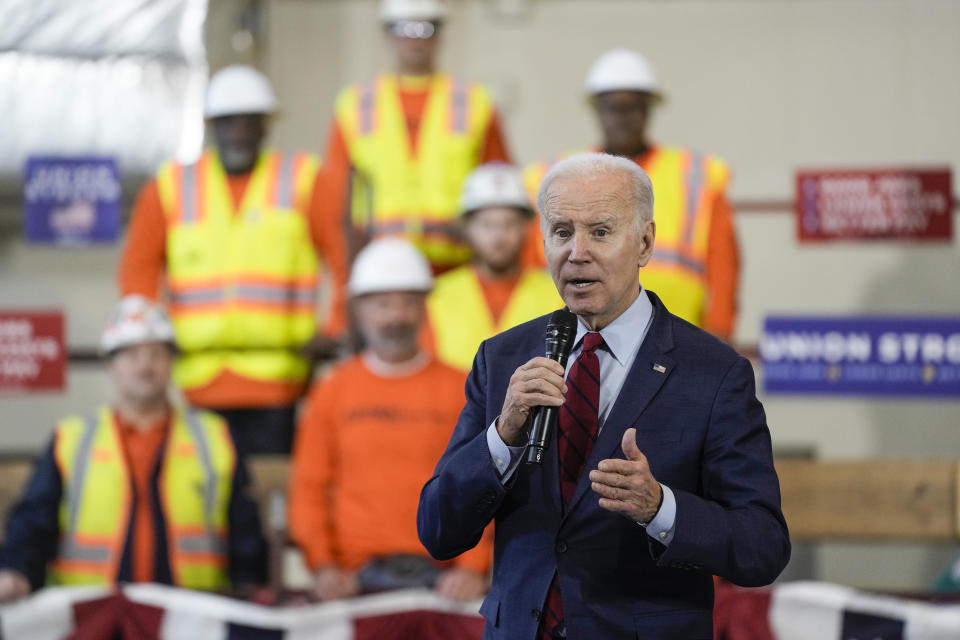 President Joe Biden delivers remarks on his economic agenda at a training center run by Laborers' International Union of North America, Wednesday, Feb. 8, 2023, in Deforest, Wis. (AP Photo/Morry Gash)