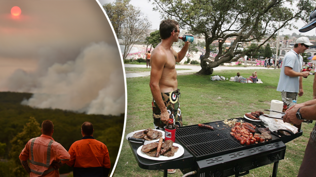 Left - two men in hi-vis looking at bushland on fire. Right - men drinking beer at a bbq in Coogee.