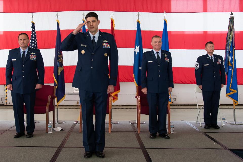 U.S. Air Force Brig. Gen. Matthew Brancato, second left, salutes the Airmen of the 127th Wing, during a change of command ceremony at Selfridge Air National Guard Base, Michigan, Aug. 5, 2023. Brancato succeeds Brig. Gen. Rolf Mammen, third left.