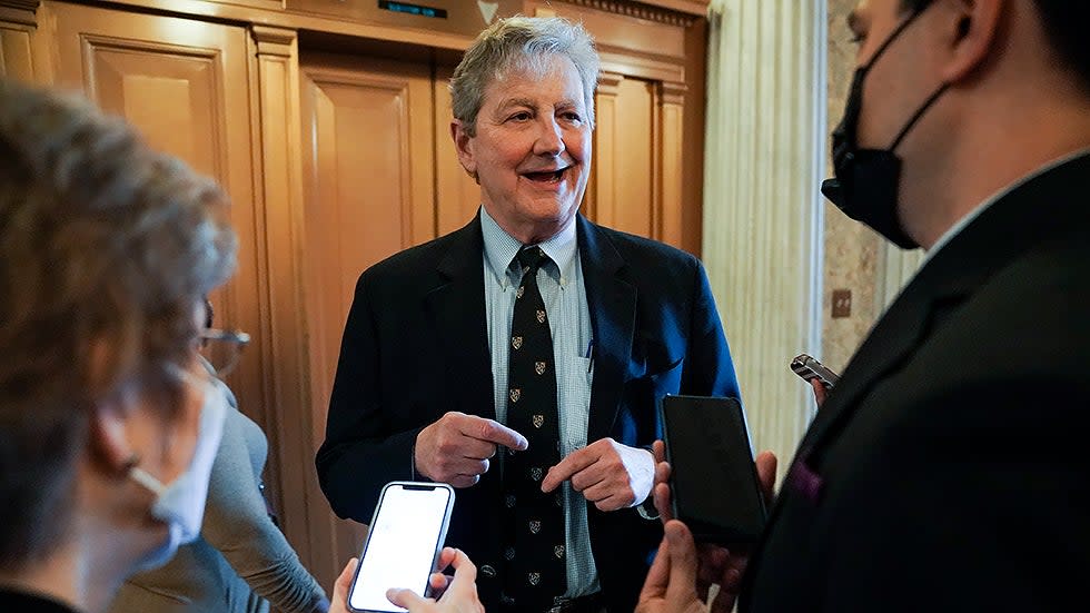Sen. John Kennedy (R-La.) speaks to reporters outside the Senate Chamber during a nomination vote on Monday, September 20, 2021.