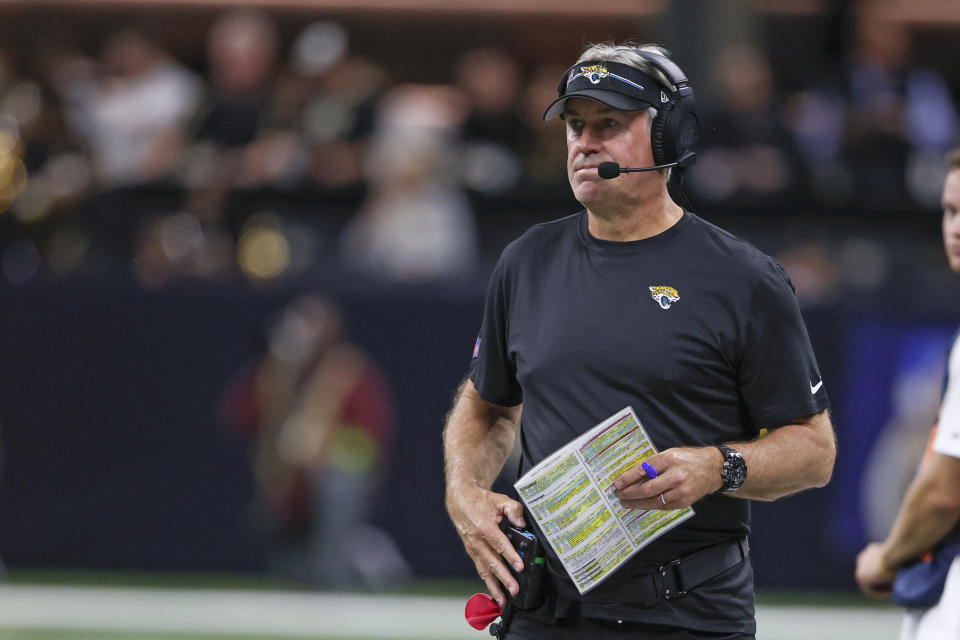 Jacksonville Jaguars head coach Doug Pederson reacts after his team lost a fumble to the New Orleans Saints in the first half of an NFL football game in New Orleans, Thursday, Oct. 19, 2023. (AP Photo/Butch Dill)