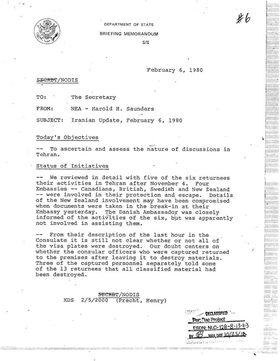 An image of a U.S. State Dept. document provided by the Jimmy Carter Library and Museum, crediting four embassies, Canadians, Britian, Swedish and New Zealand, with aiding in the protection and escape of six Americans from Iran during the 1979 Islamic Revolution. There is only a brief mention of New Zealand in the Oscar-winning movie "Argo,", that seems to suggest that New Zealanders turned away the group of Americans, and that is rankling New Zealanders five months after the film was released in the South Pacific nation. Even Parliament has expressed its dismay, passing a motion stating that Ben Affleck, who also directed the movie, "saw fit to mislead the world about what actually happened." (AP Photo/Jimmy Carter Library and Museum)